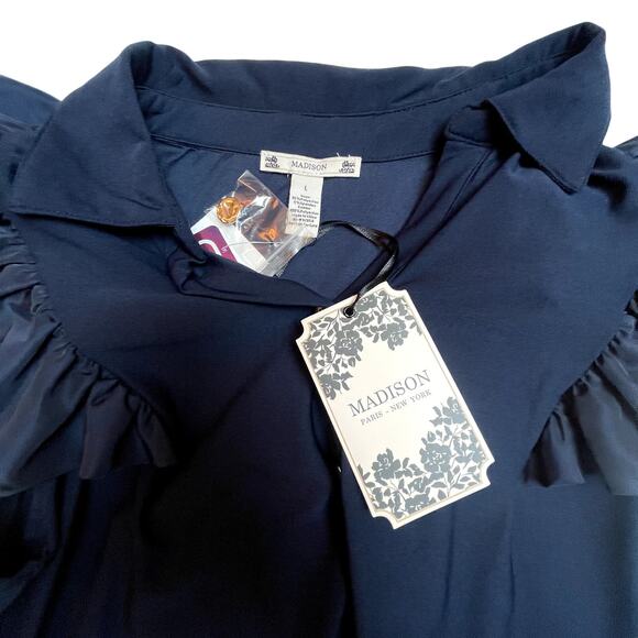 Madison Paris New York Navy Blue Puff Sleeve Blouse Size L - Picture 5 of 8